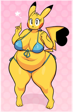 3_toes anthro anthrofied belly belly_overhang big_belly big_breasts bikini blue_bikini blue_clothing blue_swimwear breasts clothing feet female female_anthro navel overweight overweight_anthro overweight_female pattern_background pokemorph raised_tail simple_background solo swimwear tail thick_thighs toes two-piece_swimsuit wide_hips blackmore nintendo pokemon generation_1_pokemon pikachu pokemon_(species) 2025 absurd_res digital_media_(artwork) full-length_portrait hi_res portrait
