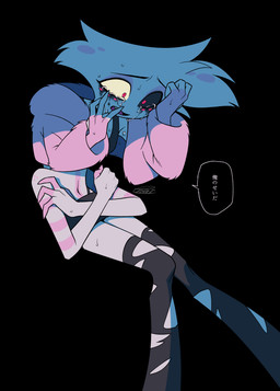 4_arms black_background bodily_fluids clothing crying femboy leggings legwear makeup male multi_arm multi_limb running_makeup simple_background solo speech_bubble tears text torn_clothing torn_leggings torn_legwear enaic31 hazbin_hotel hellaverse angel_dust arachnid arthropod demon humanoid spider absurd_res hi_res japanese_text translation_request