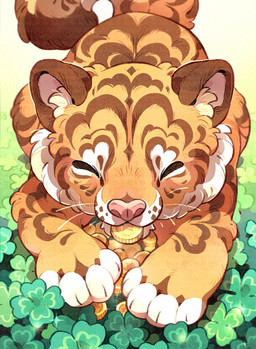 ambiguous_gender brown_body brown_fur clover_(plant) coin coin_in_mouth feral fur inner_ear_fluff pink_nose plant sitting solo tail tuft whiskers animalk felid mammal pantherine tiger 2022 digital_media_(artwork) hi_res