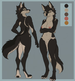 anthro areola breasts butt crossed_arms digitigrade feet female fingers fur genitals looking_at_viewer looking_back nipples nude simple_background smile solo standing tail toes vulva el-gallo canid canine canis fox mammal wolf digital_media_(artwork) hi_res model_sheet