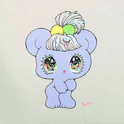 accessory anthro bangs blue_body chibi eyelashes female glistening glistening_eyes green_eyelashes hair hair_accessory kemono paws ponytail simple_background solo sparkles toony young yurie_sekiya bear mammal hi_res