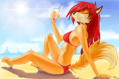 anthro bare_shoulders barefoot beach beverage bikini bikini_bottom bikini_top bottomwear clothing enjoying eyes_closed feet female fluffy fluffy_tail fur hair long_tail red_bikini red_clothing red_hair red_swimwear sand seaside sitting smile solo sun swimwear tail topwear two-piece_swimsuit ramiras canid canine mammal 3:2 hi_res