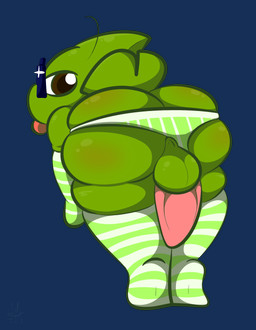 anthro balls big_butt butt clothed clothing erection eyewear genitals glasses green_body green_skin legwear looking_at_viewer looking_back looking_back_at_viewer male panties pattern_clothing pattern_legwear penis penis_tuck presenting presenting_hindquarters simple_background solo stockings striped_clothing striped_legwear stripes thick_thighs thigh_highs tongue tongue_out underwear thefablednekos nintendo pokemon jay_(thefablednekos) generation_2_pokemon larvitar pokemon_(species) 2017 alpha_channel dated digital_media_(artwork) hi_res