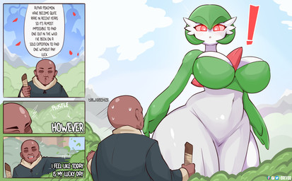 big_breasts bodily_fluids breasts clothed clothed_female clothed_human clothed_humanoid clothed_male clothing dialogue dress duo female female_humanoid glowing glowing_eyes green_body green_clothing green_topwear larger_female larger_humanoid male multicolored_body red_eyes size_difference smaller_human smaller_male speech_bubble sweat text thick_thighs topwear two_tone_body walking_stick white_body wide_hips drevod nintendo pokemon alpha_pokemon gardevoir generation_3_pokemon human humanoid mammal pokemon_(species) 2026 absurd_res english_text hi_res