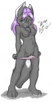 anthro biped breasts chest_tuft clothed clothing countershade_feet countershade_tail countershading dipstick_ears ear_markings feet female fur green_eyes grey_body grey_fur hair long_hair multicolored_ears nipples panties partially_clothed pink_clothing pink_nipples pink_panties pink_underwear plantigrade purple_hair simple_background solo standing tail tattoo topless tuft underwear underwear_down undressing white_background white_body white_countershading white_ear_tips white_fur white_inner_ear os jacq_(os) canid canine felid hybrid mammal 2007