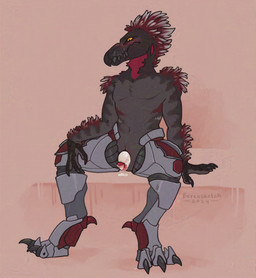 3_fingers 3_toes animal_genitalia animal_penis anthro arm_feathers arm_tuft armor avian_caruncle beak blush bodily_fluids claws clothed clothing digitigrade egg egg_in_slit egg_insertion feather_hair feathered_crest feathers feet finger_claws fingers genital_fluids genital_slit genitals greaves grey_body grey_scales half-erect head_crest highlights_(coloring) looking_at_another looking_at_partner looking_at_self looking_down male mostly_nude open_bottomwear open_clothing penis precum pseudo_hair pupils red_body red_feathers red_penis scales scuted_hands scutes sharp_teeth shoulder_tuft sitting slit_pupils solo spread_legs spreading spurs_(anatomy) teeth toe_claws toes tuft white_highlights yellow_eyes berensketch halo_(series) microsoft xbox_game_studios fan_character nor_zauth alien avian kig-yar scalie t'vaoan 2024 hi_res