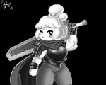 anthro armor bottomwear clothing cosplay crossover_cosplay dragon_slayer_(berserk) female gloves handwear melee_weapon muscular muscular_anthro muscular_female pants scarf solo sword weapon panthera_cantus animal_crossing berserk_(series) nintendo guts_(berserk) isabelle_(animal_crossing) canid canine canis domestic_dog mammal crossover greyscale hi_res monochrome