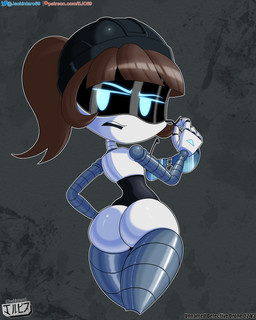 armor blue_eyes brown_hair butt clothing eyewear female fingers glasses hair hat headgear headwear helmet looking_at_viewer looking_back machine not_furry nude open_mouth ponytail screen_eyes simple_background solo text unnamed_detective_drone white_body jackintaro glitch_productions murder_drones unnamed_character android humanoid robot robot_humanoid worker_drone 4:5 absurd_res digital_media_(artwork) hi_res url