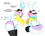 anthro backwards_baseball_cap backwards_hat baseball_cap big_breasts big_butt black_baseball_cap black_clothing black_legwear black_thigh_highs blue_eyes blue_hair bottomwear breasts bulge butt clothed clothed_anthro clothed_gynomorph clothing describing_breasts dialogue eyebrow_through_hair eyebrows eyelashes fur furgonomic_baseball_cap furgonomic_hat furgonomic_headwear furgonomics gynomorph hair hat headgear headwear hotpants huge_breasts huge_butt inner_ear_fluff intersex leaning leaning_forward legwear long_ears motion_lines multicolored_eyes multicolored_hair multiple_poses musical_note musical_symbol narrowed_eyes onomatopoeia open_mouth open_smile pink_eyes pink_hair pose purple_bottomwear purple_clothing purple_hotpants purple_shorts rear_view scut_tail shirt short_tail shorts side_view simple_background sitting smile solo sound_effects symbol t-shirt tail text thigh_highs topwear translucent translucent_hair tuft two_tone_eyes two_tone_hair under_boob undersized_topwear white_background white_body white_fur yellow_clothing yellow_shirt yellow_t-shirt yellow_topwear theycallhimcake pb_(theycallhimcake) lagomorph leporid mallkin mammal rabbit 2023 digital_drawing_(artwork) digital_media_(artwork) english_text hi_res busty_boy_(lore) male_(lore)