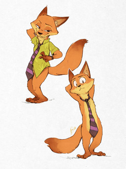 accessory aloha_shirt anthro arm_tuft barefoot bottomless chest_tuft clock clothed clothing covering dipstick_tail elbow_tuft feet fur hands_behind_head inner_ear_fluff looking_at_viewer male markings mostly_nude multicolored_tail multiple_poses necktie necktie_only nude orange_body orange_fur pattern_clothing pattern_shirt pattern_topwear pose shirt simple_background smile solo standing strategically_covered tail tail_markings topwear tuft watch white_background wristwatch edtropolis disney zootopia nick_wilde canid canine fox mammal red_fox true_fox 2020 hi_res