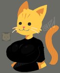 :3 anthro beady_eyes big_breasts black_clothing black_shirt black_topwear breasts clothing emoji female fur grey_background huge_breasts logo mouth_closed shirt simple_background solo tail topwear whiskers yellow_body yellow_fur probablydemo cat_emoji domestic_cat felid feline felis living_emoji mammal 2023 artist_logo clip_studio_paint_(artwork) digital_media_(artwork) half-length_portrait hi_res portrait reference_image watermark