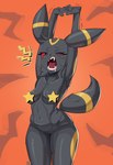 anthro biped black_body breasts censored_nipples fangs female medium_breasts one_eye_closed open_mouth raised_arms red_eyes solo stretching tail teeth yawn massivetwo cc-by-nc-nd creative_commons nintendo pokemon eeveelution generation_2_pokemon pokemon_(species) umbreon censored hi_res