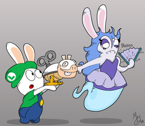 anthro bite biting_lip biting_own_lip black_eyes blue_body blue_clothing blue_overalls carrying_another clothed clothed_anthro clothed_female clothed_male clothing dress duo eyelashes female fully_clothed fully_clothed_anthro fully_clothed_male fur green_clothing green_hat green_headwear green_shirt green_topwear hand_bite hat headgear headwear holding_fan legless long_ears machine male mitten_hands noseless open_mouth overalls paper_fan pink_inner_ear purple_clothing purple_dress purple_eyes red_tongue self_bite shirt short_legs sideways_hat simple_background sound_effects standing straight_arms tan_inner_ear tongue topwear vowelless vowelless_sound_effect white_body white_fur yellow_legs mrgametv1994 mario_bros mario_plus_rabbids_kingdom_battle mario_plus_rabbids_sparks_of_hope nintendo raving_rabbids rayman_(series) ubisoft midnite_(mario_plus_rabbids) rabbid_luigi ghost hybrid koopa lagomorph mammal mechakoopa rabbid robot scalie spirit 2023 absurd_res colored crossover digital_drawing_(artwork) digital_media_(artwork) hi_res shaded signature