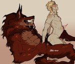 abdominal_bulge anthro blonde_hair bodily_fluids crying cum cumshot drooling duo ejaculation fangs fluffy fur genital_fluids hair human_on_anthro interspecies male male/male no_internal_organs penetration saliva size_difference smaller_penetrated snout tears teeth tongue tongue_out velo_agogo canid canine canis human mammal wolf absurd_res hi_res