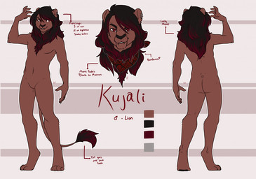 anthro featureless_crotch fur hair looking_at_viewer male nude smile solo standing text redpixie felid lion mammal pantherine english_text model_sheet