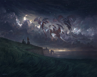 ambiguous_gender beach clothing cloud detailed_background dress electricity feral flying grass group lightning membrane_(anatomy) membranous_wings moon night open_mouth outside plant purple_body purple_scales scales sitting sky smoke smoke_from_mouth standing star tail water wings justin_gerard mythology dragon human mammal mythological_creature mythological_scalie scalie 2020 hi_res