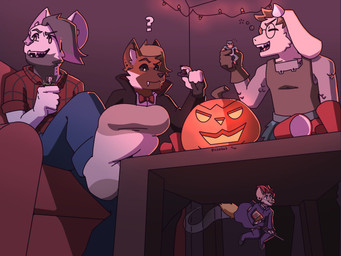 ambiguous_gender anthro big_feet clothed clothing feet food footwear fruit fully_clothed furniture group inside male micro plant pumpkin question_mark size_difference socks sofa sizebat renholder bat bovid canid canine caprine fox goat mammal 4:3 hi_res