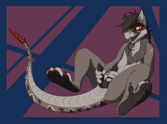 2_penises animal_genitalia animal_penis anthro black_feet black_flesh black_hair black_penis black_tongue brown_body brown_claws claws cloaca diamond_(marking) facial_markings fangs feet forked_tongue genitals hair hand_on_penis head_markings hemipenes knot knotted_hemipenes knotted_penis long_tail looking_at_viewer lying male markings masturbation mohawk multi_genitalia multi_penis multicolored_body multicolored_tail neck_tuft no_irises on_back pawpads penis pupils rattle_(anatomy) reclining red_markings red_sclera slit_pupils solo tail tail_markings tear_(marking) teeth toe_claws tongue tongue_out tuft two_tone_body white_markings indigo_the_dragon fallout microsoft venrho_(razim) hybrid night_stalker_(fallout) 2026 alpha_channel hi_res