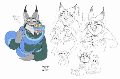 anthro blue_body blue_scales coiling_another duo fangs feral fur grey_body grey_fur heart_symbol male pawpads paws pointy_ears scales teeth text worried mofu_guys disney zootopia gary_de'snake pawbert_lynxley canada_lynx felid feline lynx mammal pit_viper reptile scalie snake viper hi_res japanese_text sketch_page