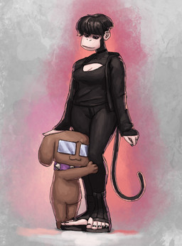 4_fingers 5_toes :3 alternative_fashion anthro black_body black_fur black_hair black_nails bottomwear breasts brown_body brown_fur choker cleavage clothed clothing collar colored_nails digit_ring duo eyewear feet female finger_ring fingers footwear fully_clothed fur glasses goth hair hoodie hug jewelry looking_at_another male nails necklace pants petting shirt short_hair size_difference smile spiked_collar spikes standing toes topwear redustheriotact dogrush_(dagothurfanclub) elise_(redustheriotact) canid canine canis domestic_dog haplorhine mammal monkey primate 2023 absurd_res hi_res