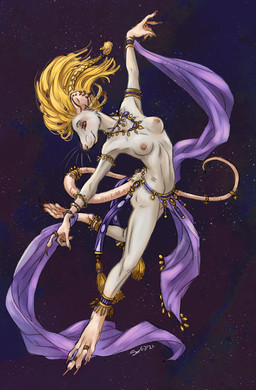 anthro blonde_hair bottomwear bracelet braided_hair breasts clothed clothing dancer_outfit dancing ear_piercing ear_ring feet female female_anthro fur gold_(metal) gold_jewelry hair jewelry loincloth nipples piercing rat_tail red_eyes ring_piercing sash silk sky small_breasts smile soles solo star starry_sky tail toes topless topless_anthro topless_female translucent translucent_clothing white_body white_fur caribou_(artist) dark_natasha shannon_(bahumot) mammal murid murine rat rodent 2021 digital_media_(artwork) full-length_portrait portrait