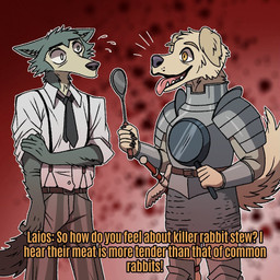5_fingers abstract_background alternate_species anthro armor belt black_lips bottomwear clothed clothed_anthro clothed_male clothing duo fingers fur furrification grey_body grey_fur holding_pan lips looking_at_another male male_anthro necktie pants pink_tongue shirt shoulder_armor suspenders tail talking_to_another tan_body tan_fur teeth text tongue tongue_out topwear white_clothing white_sclera white_shirt white_topwear yellow_eyes lemurkingdoodles beastars delicious_in_dungeon laios_touden legoshi_(beastars) canid canine canis domestic_dog mammal wolf 1:1 2025 crossover digital_media_(artwork) english_text subtitled