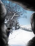 2016 backpack biped cave clothed clothing comic digital_media_(artwork) footprints fully_clothed hi_res human lemondeer male mammal noah_(downthehatch) scarf snow solo winter