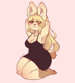 3_toes anthro arm_tuft arms_bent bangs bent_legs biped black_clothing black_dress blonde_eyebrows blonde_hair blush blush_lines breasts brown_body brown_fur brown_tail cheek_tuft cleavage clothed clothed_anthro clothed_female clothing dress ear_tuft elbow_tuft eye_through_hair eyebrow_through_hair eyebrows eyelashes eyelashes_through_hair facial_tuft feet female female_anthro fluffy fluffy_tail fur gradient_background green_eyes hair hands_behind_head heart_symbol inner_ear_fluff jewelry knee_tuft leg_tuft long_ears looking_at_viewer medium_breasts necklace pink_background pink_inner_ear pink_nose scut_tail short_tail simple_background sitting solo tail tan_body tan_fur tan_tail text thick_thighs toes translucent translucent_hair tuft two_tone_tail white_inner_ear_fluff suzeart coco_(suzeart) lagomorph leporid mammal rabbit 10:11 2024 artist_name colored digital_drawing_(artwork) digital_media_(artwork) english_description full-length_portrait portrait shaded