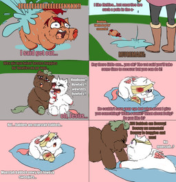 ambiguous_feral ambiguous_gender ambiguous_human animal_genitalia baby_talk bandage blood blood_from_eye blood_from_wound blood_on_bandage bodily_fluids brown_body brown_fur clothed clothed_human clothing color_coded_text cushion dialogue empty_eye_socket eye_gouge feral fur genitals gore green_hair green_hooves green_tail hair hooves horn male male_feral neonate outside pink_eyes pink_hooves pink_tail pink_wings pleading_eyes punishment running_away sheath standing tail text water white_body white_fur wings wounded wrapped_arms wraps young young_ambiguous young_feral young_male nekuchan fluffy_pony mythology dolly_(nekuchan) rex_(nekuchan) equid equine fluffy_pony_(species) human mammal mythological_creature mythological_equine winged_unicorn 2021 comic digital_media_(artwork) english_text
