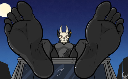 2_horns 5_toes anthro biped black_body black_fur black_glans black_penis black_sclera blue_sky bodily_fluids bone building city cracked_building cracked_window ear_piercing ear_ring erection facial_horn feet foot_focus front_view fur genital_fluids genitals glans gold_(metal) gold_jewelry horn humanoid_feet humanoid_genitalia humanoid_penis jagged_mouth jewelry leaking_precum logo looking_at_viewer low-angle_view macro macro_anthro macro_male male male_anthro moon navel night no_pupils nose_horn outside penis piercing plantigrade precum precum_bead presenting red_eyes ring_piercing sitting sitting_on_building skull skull_head sky soles solo star starry_sky text toes white_face white_horn lavbuns set_(dragonerax) demon 2025 artist_logo artist_name hi_res