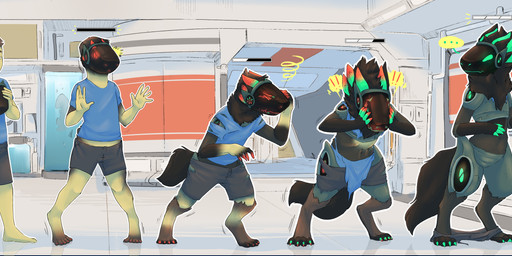 4_ears anthro assimilation black_body black_fur claws ellipsis exclamation_point fur green_claws green_horn holding_head horn human_to_anthro machine male multi_ear progress_bar screen screen_face solo species_transformation transformation fauvfox human mammal protogen 2019 absurd_res hi_res sequence