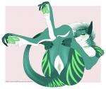 anthro breasts claws eyebrows female fur genitals green_body green_eyes green_fur hair nipples nude pussy simple_background smile solo tail white_body white_fur white_hair conditional_dnp naexus maeve_(catsithx) sergal digital_media_(artwork) shaded