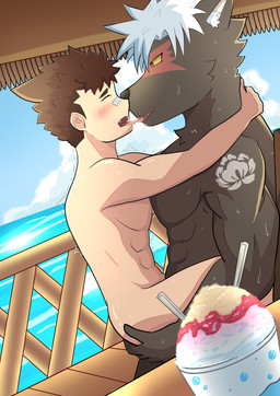 abs anal anal_penetration anthro athletic athletic_male bodily_fluids dessert duo food french_kissing human_on_anthro interspecies kissing male male/male muscular muscular_male on_bottom on_top outside_sex pecs penetration reverse_cowgirl_position sex shaved_ice sweat dragokaizer666 lifewonders tokyo_afterschool_summoners bandaid_protagonist_(tas) protagonist_(tas) tadatomo_(tas) canid canine canis domestic_dog human mammal absurd_res hi_res