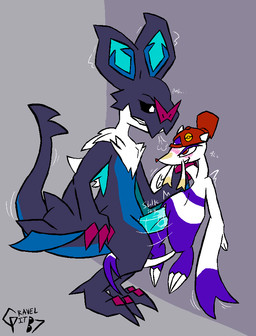 3_fingers 3_toes accessory alternate_color alternate_species anthro black_body black_scales black_sclera blue_body blue_penis blue_scales blue_underbelly bodily_fluids breath claws clothing duo emanata eyeshadow feet female feral fingers flat_chested fur genital_fluids genitals hat headgear headwear long_neck makeup male male/female mane multicolored_body onomatopoeia penis pin_accessory pin_button purple_body purple_eyeshadow purple_fur red_claws red_clothing red_eyes red_hat red_headwear scales semi-anthro sex size_difference sound_effects standing standing_sex tail text thrust_lines thrusting toe_claws toes vaginal_fluids vulva whiskers white_body white_fur white_mane gravel_pit_(artist) mythology nintendo pokemon sylvie_(wups) vinyl_(gravel_pit) bat dragon generation_5_pokemon generation_6_pokemon mammal mienshao mustelid musteline mythological_creature mythological_scalie noivern pokemon_(species) scalie true_musteline weasel digital_media_(artwork) hi_res signature