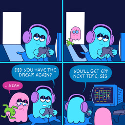 4_fingers 4_panel_comic asking asking_another blue_body blue_eyelids blue_eyes blue_line_art blue_pillow blue_wall closed_frown controller dialogue doorway duo electronics female fingers frown furniture gaming headphones holding_controller holding_object holding_plushie inside light limbless looking_at_another looking_back looking_back_at_another male mouth_closed name_drop name_in_dialogue no_pupils noseless not_furry open_frown open_mouth pillow pink_body playing_video_game plushie pupils question sad sitting_on_pillow tears_of_sadness television text tired_eyes wall_(structure) white_mouth white_pupils tanookitalez burgertime data_east frogger playstation playstation_4 sony_corporation sony_interactive_entertainment inky_(pac-man) pinky_(pac-man) ghost spirit 1:1 2023 colored colored_line_art comic crossover digital_media_(artwork) english_description english_text hi_res lighting brother_(lore) brother_and_sister_(lore) sibling_(lore) sister_(lore)