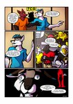 ambiguous_gender anthro biped black_body blue_highlights blue_tongue border clothed clothing convention dialogue female fully_clothed fur group hair highlights_(coloring) horn inside looking_at_another male open_mouth pokeball red_body red_fur scared smile solo_focus speech_bubble standing tail teeth text tongue white_border biobasher nintendo pokemon daimon_(fireskulls12) rex_(fireskulls12) accipitrid accipitriform avian bird bovid canid canine canis caprine demon eagle fox generation_1_pokemon goat mammal pikachu pokemon_(species) rhinoceros wolf 2024 colored comic english_text hi_res