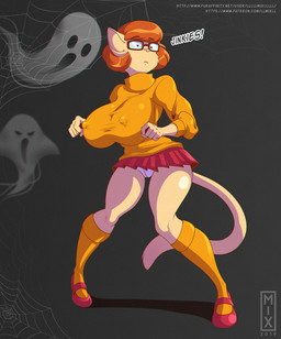 anthro big_breasts big_nipples bottomwear breasts clothing cosplay eyewear female footwear glasses group hair huge_breasts legwear nipples orange_clothing orange_sweater orange_topwear panties red_clothing red_footwear red_hair red_shoes shoes skirt socks solo_focus spider_web sweater text topwear underwear galacticmichi hanna-barbera scooby-doo_(series) katrina_fowler velma_dinkley felid feline ghost mammal spirit 2019 url