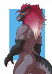 anthro back_muscles biceps black_sclera butt butt_focus claws fangs hair horn looking_at_viewer looking_back male multicolored_hair muscular muscular_anthro muscular_male nude pecs pose red_claws red_eyes red_hair simple_background smile solo standing tail teeth three-quarter_view triceps white_hair negy mythology helios_(kingdarkfox) dragon mythological_creature mythological_scalie scalie 2018 pinup