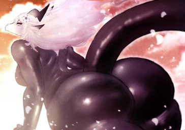 2_horns accessory anthro big_butt biped black_body black_scales breasts butt cloud curvy_figure female flower flower_in_hair glistening glistening_body glistening_scales grey_eyes hair hair_accessory horn huge_butt long_hair medium_breasts multicolored_body multicolored_scales nude petals plant pupils rear_view scales sky slit_pupils solo tail voluptuous_female white_body white_hair white_scales itzjaylock mythology lux_(itzjaylock) dragon mythological_creature mythological_scalie scalie hi_res