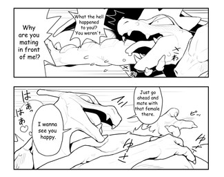 ambiguous_gender anthro biped dialogue duo fangs heart_symbol open_mouth speech_bubble teeth text gyu_hydrogen nintendo pokemon charizard feraligatr generation_1_pokemon generation_2_pokemon pokemon_(species) comic english_text monochrome