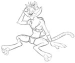 anthro backpack barefoot belt briefs clothed clothing feet hand_on_hair male simple_background smile solo topless underwear white_background thegreatmatsutzu activision spyro_reignited_trilogy spyro_the_dragon hunter_(spyro) cheetah felid feline mammal black_and_white monochrome sketch