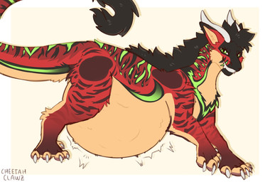 after_vore ambiguous_gender belly big_belly black_stripes black_tail claws duo feral green_stripes horn nicoricheetah red_body stripes tail vore white_horn mythology cheetah dragon felid feline mammal mythological_creature mythological_scalie scalie 2026 hi_res