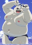 anthro belly big_belly blue_eyes blush bulge clothed clothing cloud detailed_background eyewear goggles humanoid_hands kemono male moobs navel nipples one_eye_closed overweight overweight_anthro overweight_male solo speedo speedo_only swimming_goggles swimwear topless water white_body wink maron2475 utau shirane_kan bear mammal polar_bear ursine 2023 hi_res