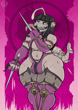 anthro ball_slip balls big_butt biped bodily_fluids breasts bulge butt cosplay detailed_bulge genitals gynomorph hair intersex long_hair piercing pose saliva solo thick_thighs tongue threehorns mortal_kombat brok_abysmur mileena anglerfish aquatic fish monster absurd_res hi_res pinup male_(lore)