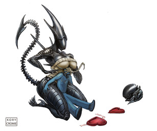 anthro big_breasts black_body breasts cleavage clothed clothed_male clothing exoskeleton female fully_clothed fully_clothed_male group hand_on_hip huge_hips male male/female small_waist sweater tail thick_thighs topwear wide_hips kory_cromie alien_(franchise) alien facehugger human mammal xenomorph 6:5 hi_res