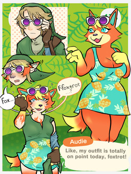 anthro blush breasts clothing dress ear_piercing ear_ring eyewear female gender_transformation human_to_anthro hypnosis identity_death male mind_control mtf_transformation outfit_change personality_change piercing ring_piercing smile solo species_transformation sunglasses text tf_into_fictional_character thick_thighs transformation bruciestfs animal_crossing nintendo the_legend_of_zelda audie_(animal_crossing) link canid canine canis human hylian mammal wolf english_text hi_res