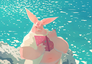 belly big_belly big_ears book clothed clothing front_view holding_book holding_object huge_belly male male_humanoid navel not_furry obese obese_humanoid obese_male one_eye_closed open_clothing open_mouth open_smile open_topwear overweight overweight_humanoid overweight_male pink_body pink_ears pink_skin smile solo topwear water white_clothing white_topwear chocolateandmilk vincent_(chocolate-beverage) humanoid imp 2018 dated hi_res signature