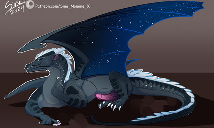 black_body blue_eyes claws erection feral genitals knot knotted_penis looking_at_viewer lying male membrane_(anatomy) membranous_wings nude on_front penis simple_background smile solo tail text white_claws wings sine_nomine_x mythology wings_of_fire dragon mythological_creature mythological_scalie nightwing_(wof) scalie 2024 colored dated digital_drawing_(artwork) digital_media_(artwork) hi_res shaded url