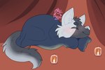 bedding blanket candle curtains eyes_closed feral fur grey_body grey_fur logo male sleeping solo izzyhime bow_(bowhuskers) canid canine canis mammal wolf 2021 artist_logo