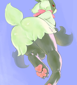 4_toes anthro breasts butt claws eyelashes featureless_crotch feet female female_anthro fur green_body green_fur looking_at_viewer looking_back pawpads paws pink_nose pink_pawpads presenting presenting_hindquarters red_eyes simple_background solo tail toes qortutrti nintendo pokemon generation_9_pokemon meowscarada pokemon_(species) absurd_res hi_res